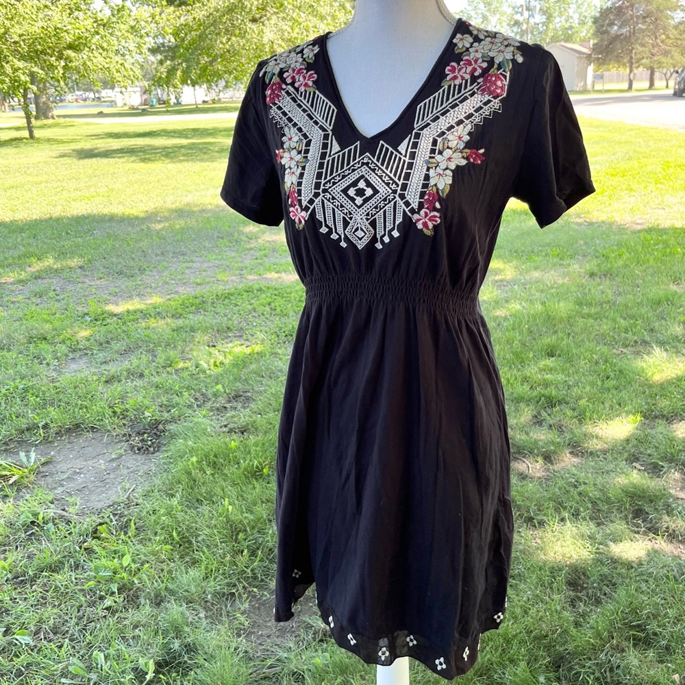 Johnny Was Black Dress with Floral Embroidery